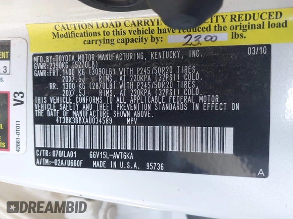 2010 Toyota Venza with VIN 4T3BK3BBXAU034589, listed as a IAAI auction lot 41709373 with 207,130 mi miles. Bid and sale history available at carsss.com. Image 9.