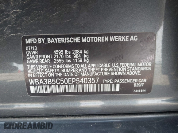 2014 BMW 3 Series 328i xDrive with VIN WBA3B5C50EP540357, listed as a IAAI auction lot 42052651 with 139,971 mi miles and . Bid and sale history available at DreamBid. Image 9.