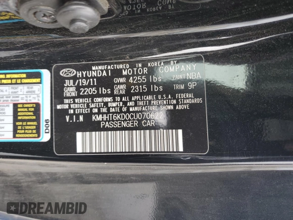 2012 Hyundai Genesis Coupe 2.0T with VIN KMHHT6KD0CU070622, listed as a Copart auction lot 55852895 with 172,790 mi miles and Salvage title. Bid and sale history available at DreamBid. Image 12.