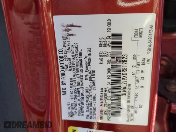 2013 Lincoln MKZ with VIN 3LN6L2J9XDR812823, listed as a Copart auction lot 42560545 with 106,216 mi miles and Salvage Title. Bid and sale history available at DreamBid. Image 12.