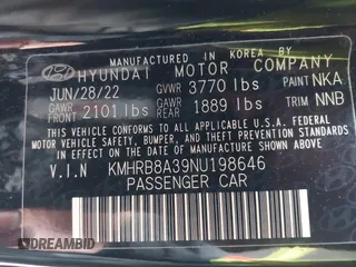 2022 Hyundai Venue SE with VIN KMHRB8A39NU198646, listed as a IAAI auction lot 41907792 with 24,131 mi miles and . Bid and sale history available at DreamBid. Image 9.