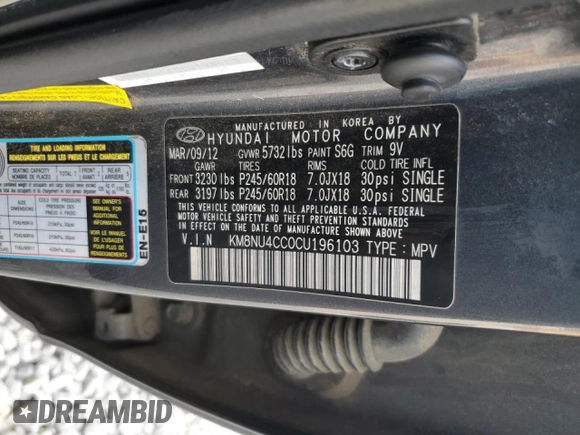 2012 Hyundai Veracruz Limited z VIN KM8NU4CC0CU196103, wystawiony jako Copart lot #44049325 z przebiegiem 260 830 mil mil oraz Szkoda całkowita • Salvage title. Historia ofert i sprzedaży dostępna na DreamBid. Obrazek 13.
