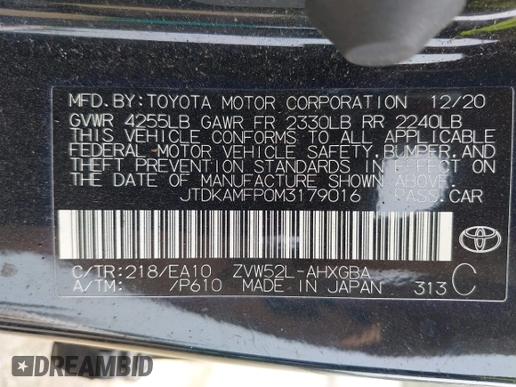 2021 Toyota Prius LE z VIN JTDKAMFP0M3179016, wystawiony jako IAAI lot #42204095 z przebiegiem 34 691 mil mil oraz . Historia ofert i sprzedaży dostępna na DreamBid. Obrazek 9.