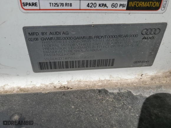 2008 Audi A3 S-Line with VIN WAUKD78P88A148598, listed as a Copart auction lot 76773884 with 106,152 mi miles and Salvage Title. Bid and sale history available at carsss.com. Image 14.