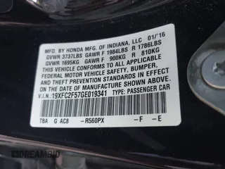 2016 Honda Civic Sedan LX with VIN 19XFC2F57GE019341, listed as a IAAI auction lot 42054403 with 136,768 mi miles. Bid and sale history available at carsss.com. Image 9.