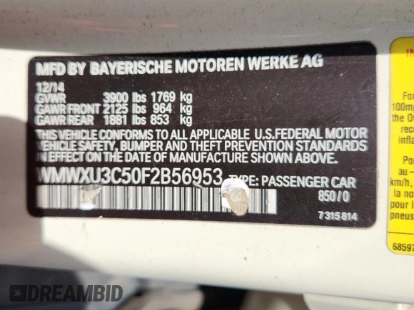 2015 MINI Hardtop 4 Door S z VIN WMWXU3C50F2B56953, wystawiony jako Copart lot #58579615 z przebiegiem Nie podano mil oraz Szkoda całkowita • Salvage title. Historia ofert i sprzedaży dostępna na DreamBid. Obrazek 12.