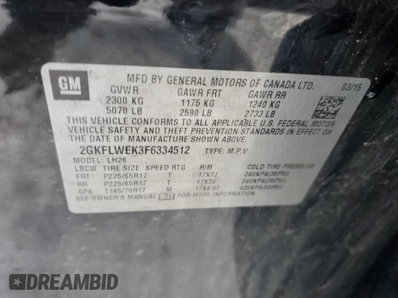 2015 GMC Terrain SLE z VIN 2GKFLWEK3F6334512, wystawiony jako Copart lot #87001684 z przebiegiem 110 041 mil mil oraz Szkoda całkowita • Salvage title. Historia ofert i sprzedaży dostępna na DreamBid. Obrazek 14.