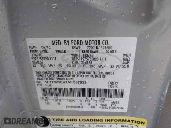 2010 Ford F-150 XL with VIN 1FTFW1EV7AFC87533, listed as a IAAI auction lot 42287341 with 110,014 mi miles and . Bid and sale history available at DreamBid. Image 9.