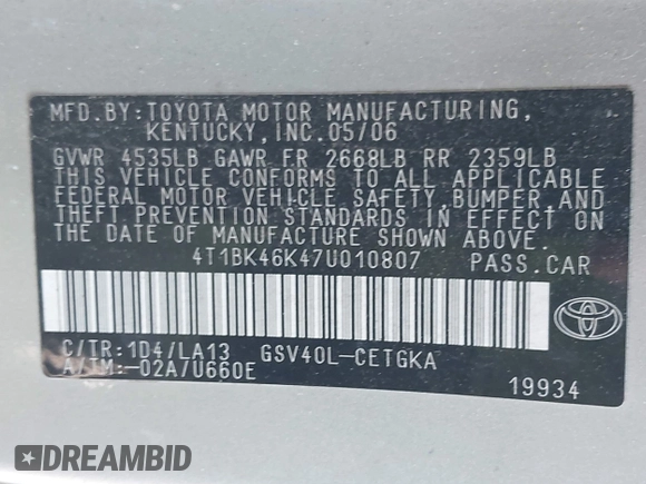 2007 Toyota Camry LE with VIN 4T1BK46K47U010807, listed as a IAAI auction lot 42250890 with 251,083 mi miles and . Bid and sale history available at DreamBid. Image 9.