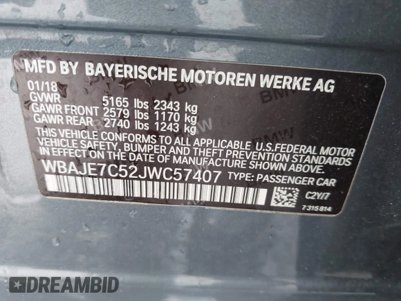 2018 BMW 5 Series 540i xDrive with VIN WBAJE7C52JWC57407, listed as a IAAI auction lot 41805890 with 112,151 mi miles and . Bid and sale history available at DreamBid. Image 9.