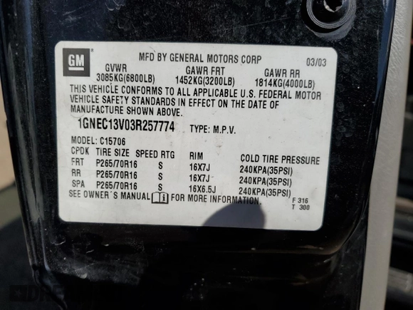 2003 Chevrolet Tahoe LS with VIN 1GNEC13V03R257774, listed as a Copart auction lot 55116535 with 178,709 mi miles and Salvage title. Bid and sale history available at DreamBid. Image 13.