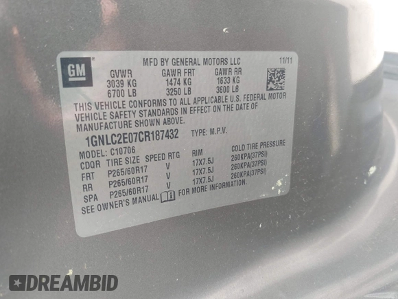 2012 Chevrolet Tahoe Commercial with VIN 1GNLC2E07CR187432, listed as a IAAI auction lot 42126539 with 169,607 mi miles and . Bid and sale history available at DreamBid. Image 9.