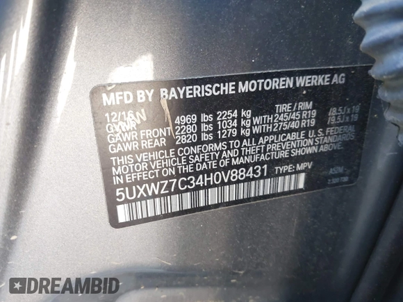 2017 BMW X3 sDrive28i with VIN 5UXWZ7C34H0V88431, listed as a IAAI auction lot 42048982 with 107,708 mi miles and . Bid and sale history available at DreamBid. Image 9.