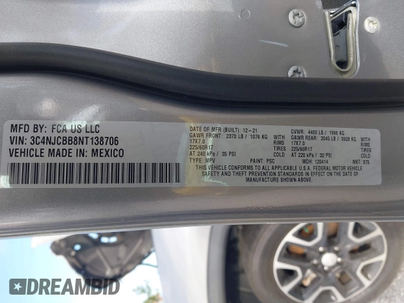 2022 Jeep Compass Latitude with VIN 3C4NJCBB8NT138706, listed as a IAAI auction lot 42503422 with 52,131 mi miles and . Bid and sale history available at DreamBid. Image 9.
