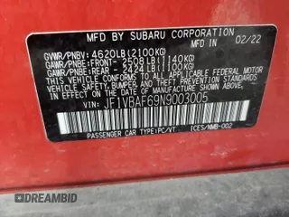 2022 Subaru WRX Premium with VIN JF1VBAF69N9003005, listed as a Copart auction lot 44722625 with 38,232 mi miles and Salvage title. Bid and sale history available at DreamBid. Image 12.