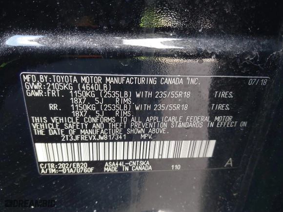 2018 Toyota RAV4 SE with VIN 2T3JFREVXJW817341, listed as a IAAI auction lot 41599972 with 99,739 mi miles. Bid and sale history available at carsss.com. Image 9.