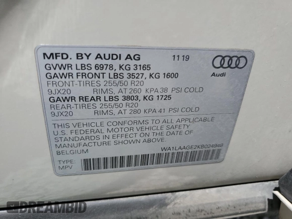 2019 Audi e-tron Premium Plus with VIN WA1LAAGE2KB024948, listed as a Copart auction lot 60459195 with 57,391 mi miles and Salvage title. Bid and sale history available at DreamBid. Image 13.