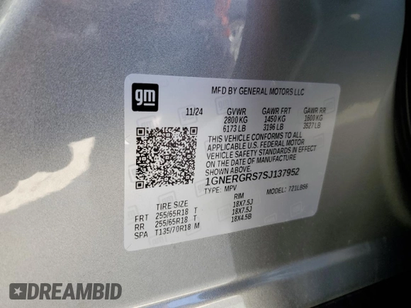 2025 Chevrolet Traverse FWD LT with VIN 1GNERGRS7SJ137952, listed as a Copart auction lot 47428965 with 3,025 mi miles and Salvage title. Bid and sale history available at DreamBid. Image 14.