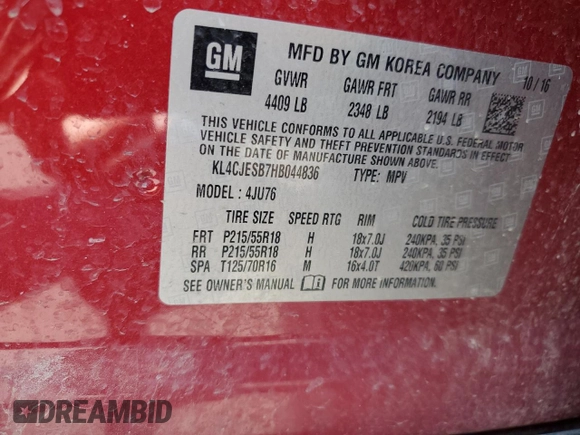 2017 Buick Encore Preferred with VIN KL4CJESB7HB044836, listed as a Copart auction lot 62586205 with 86,040 mi miles and Salvage title. Bid and sale history available at DreamBid. Image 14.