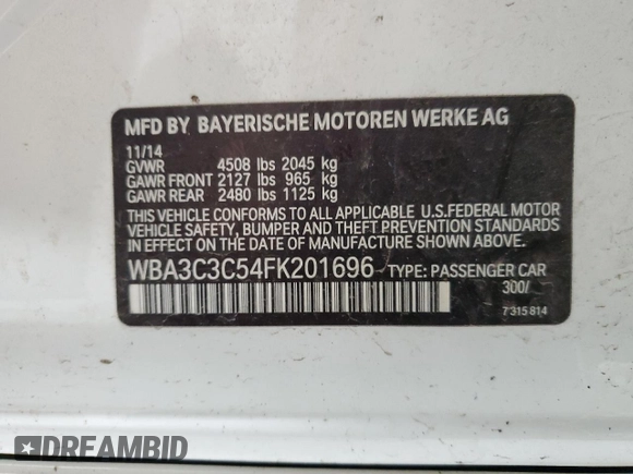2015 BMW 3 Series 320i xDrive with VIN WBA3C3C54FK201696, listed as a Copart auction lot 64204924 with 97,211 mi miles and Salvage Title. Bid and sale history available at carsss.com. Image 12.