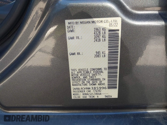 2022 Nissan Altima 2.5 SR with VIN 1N4BL4CV4NN385996, listed as a IAAI auction lot 42151627 with 47,395 mi miles. Bid and sale history available at carsss.com. Image 9.