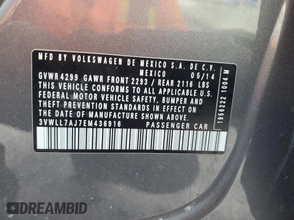 2014 Volkswagen Jetta TDI w/Premium with VIN 3VWLL7AJ7EM436916, listed as a Copart auction lot 58238385 with 103,265 mi miles and Salvage title. Bid and sale history available at DreamBid. Image 12.