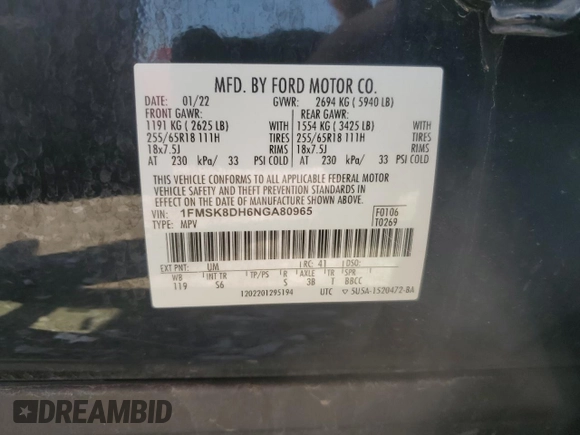 2022 Ford Explorer XLT z VIN 1FMSK8DH6NGA80965, wystawiony jako Copart lot #54668565 z przebiegiem 70 114 mil mil oraz Szkoda całkowita • Salvage title. Historia ofert i sprzedaży dostępna na DreamBid. Obrazek 14.