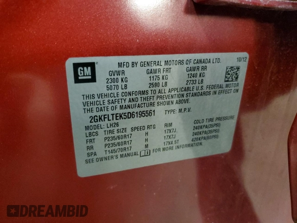 2013 GMC Terrain SLE with VIN 2GKFLTEK5D6195561, listed as a Copart auction lot 43092605 with 131,777 mi miles and Clean Title. Bid and sale history available at DreamBid. Image 13.