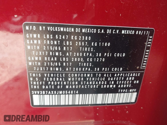 2018 Volkswagen Tiguan SEL with VIN 3VV3B7AX9JM054814, listed as a IAAI auction lot 42394400 with 92,160 mi miles and . Bid and sale history available at DreamBid. Image 9.