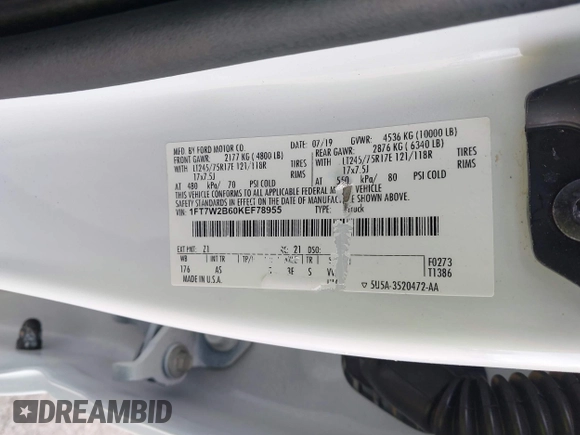 2019 Ford F-250 XL z VIN 1FT7W2B60KEF78955, wystawiony jako IAAI lot #41851147 z przebiegiem 205 275 mil mil oraz . Historia ofert i sprzedaży dostępna na DreamBid. Obrazek 9.