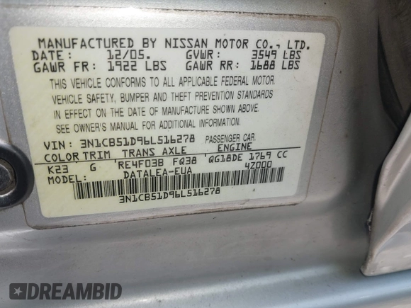 2006 Nissan Sentra S z VIN 3N1CB51D96L516278, wystawiony jako IAAI lot #42499003 z przebiegiem 227 011 mil mil oraz . Historia ofert i sprzedaży dostępna na DreamBid. Obrazek 9.