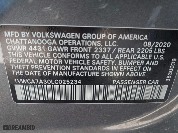 2020 Volkswagen Passat 2.0T SEL with VIN 1VWCA7A30LC025234, listed as a IAAI auction lot 41699506 with 49,117 mi miles. Bid and sale history available at carsss.com. Image 9.
