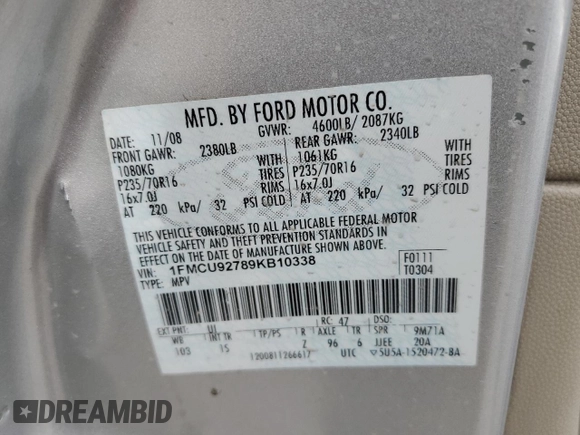 2009 Ford Escape XLS z VIN 1FMCU92789KB10338, wystawiony jako Copart lot #57452495 z przebiegiem 285 171 mil mil oraz Szkoda całkowita • Salvage title. Historia ofert i sprzedaży dostępna na DreamBid. Obrazek 14.