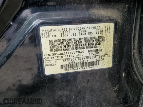 2008 Nissan Sentra S with VIN 3N1AB61EX8L679627, listed as a Copart auction lot 54108255 with 202,844 mi miles and Clean Title. Bid and sale history available at DreamBid. Image 12.
