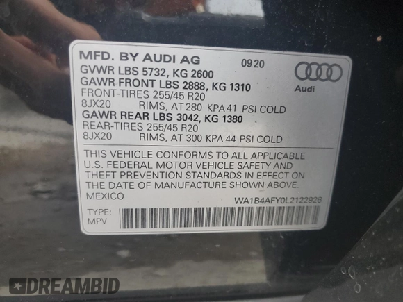 2020 Audi SQ5 Premium Plus with VIN WA1B4AFY0L2122926, listed as a Copart auction lot 60039833 with 25,501 mi miles. Bid and sale history available at carsss.com. Image 13.