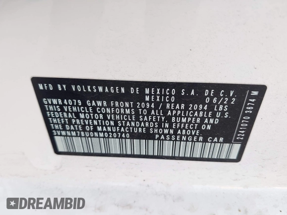2022 Volkswagen Jetta with VIN 3VWNM7BU0NM020740, listed as a IAAI auction lot 40719285 with 43,570 mi miles and . Bid and sale history available at DreamBid. Image 9.
