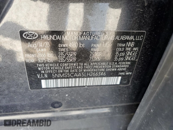 2020 Hyundai Santa Fe Limited with VIN 5NMS5CAA5LH266346, listed as a Copart auction lot 54167105 with 38,566 mi miles and Salvage Title. Bid and sale history available at carsss.com. Image 13.