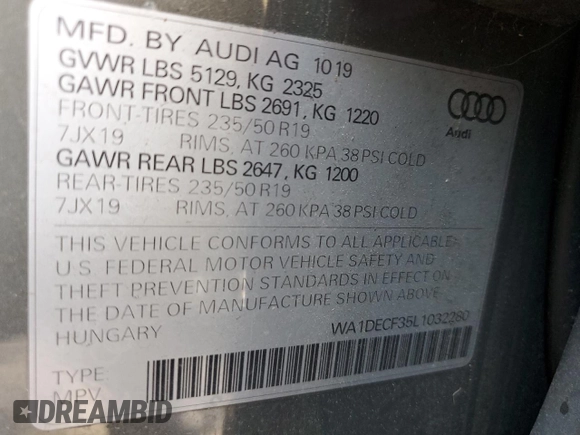 2020 Audi Q3 S line Premium with VIN WA1DECF35L1032280, listed as a Copart auction lot 58786915 with 48,006 mi miles and Salvage title. Bid and sale history available at DreamBid. Image 13.