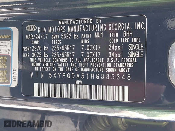 2017 Kia Sorento LX with VIN 5XYPGDA51HG335348, listed as a IAAI auction lot 42085131 with 191,601 mi miles and . Bid and sale history available at carsss.com. Image 9.