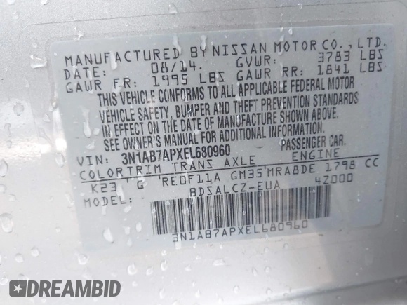 2014 Nissan Sentra S with VIN 3N1AB7APXEL680960, listed as a IAAI auction lot 41641025 with 94,467 mi miles and . Bid and sale history available at DreamBid. Image 9.