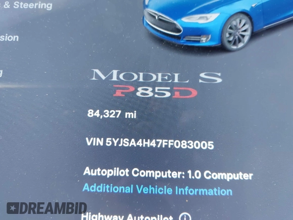 2015 Tesla Model S 85D with VIN 5YJSA4H47FF083005, listed as a IAAI auction lot 40970624 with 84,327 mi miles. Bid and sale history available at carsss.com. Image 7.