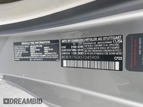 2005 Mercedes-Benz CLK 500 with VIN WDBTK75GX5T045909, listed as a IAAI auction lot 41173758 with 195,597 mi miles and . Bid and sale history available at DreamBid. Image 9.