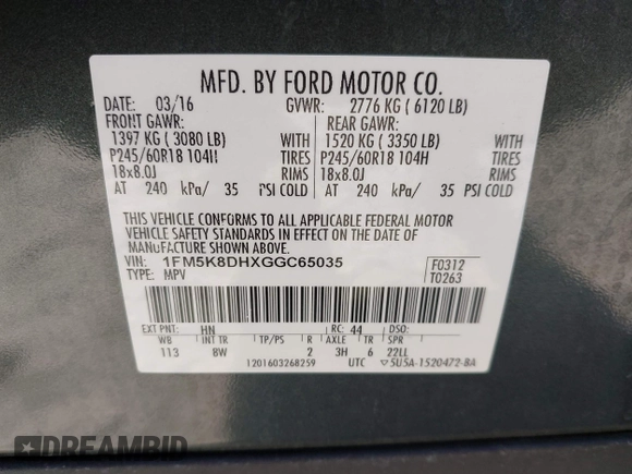 2016 Ford Explorer XLT z VIN 1FM5K8DHXGGC65035, wystawiony jako IAAI lot #42336931 z przebiegiem 81 244 mil mil oraz . Historia ofert i sprzedaży dostępna na DreamBid. Obrazek 9.