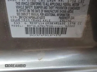 2019 Nissan Versa SV with VIN 3N1CN7AP5KL874372, listed as a Copart auction lot 57819925 with 43,937 mi miles and Salvage title. Bid and sale history available at DreamBid. Image 12.