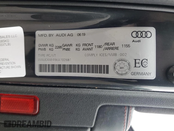 2019 Audi S4 Prestige with VIN WAUC4AF45KA102681, listed as a Copart auction lot 40122174 with 77,289 mi miles. Bid and sale history available at carsss.com. Image 14.