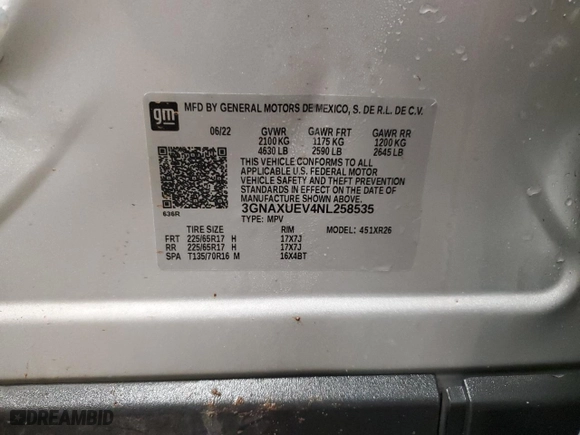 2022 Chevrolet Equinox LT with VIN 3GNAXUEV4NL258535, listed as a Copart auction lot 51595695 with 27,013 mi miles and Non Repairable. Bid and sale history available at carsss.com. Image 13.