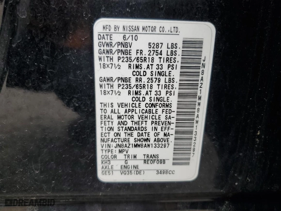 2010 Nissan Murano LE with VIN JN8AZ1MW8AW133297, listed as a Copart auction lot 52242125 with 190,658 mi miles and Clean Title. Bid and sale history available at carsss.com. Image 13.