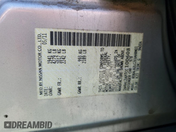 2012 Nissan Altima 2.5 SL with VIN 1N4AL2AP7CC100608, listed as a Copart auction lot 50124625 with 224,084 mi miles and Salvage Title. Bid and sale history available at carsss.com. Image 14.