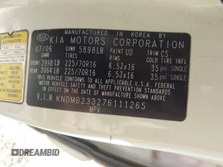 2007 Kia Sedona EX with VIN KNDMB233276111265, listed as a IAAI auction lot 41973188 with 197,754 mi miles. Bid and sale history available at carsss.com. Image 9.