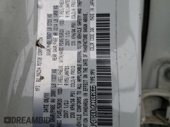 2012 Mazda CX-9 Grand Touring with VIN JM3TB3DV2C0336355, listed as a Copart auction lot 61687975 with 150,580 mi miles and Salvage title. Bid and sale history available at DreamBid. Image 13.
